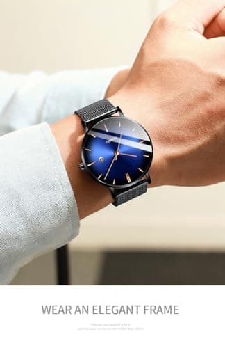 BESTKANG Men's Fashion Minimalist Wrist Watch Waterproof Watches Simple Ultra Thin Watches Analog Quartz Date with Stainless Steel Mesh Band