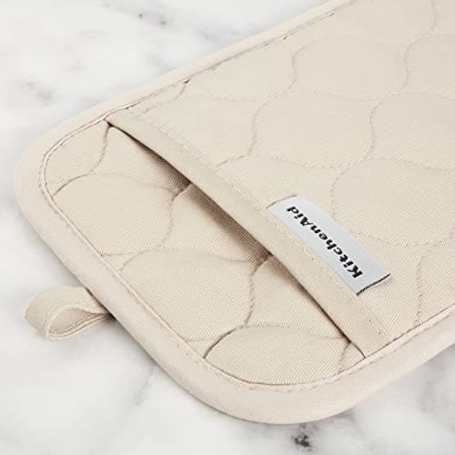 KITCHENAID Quilted Cotton Terry Cloth Oven Mitt, Pot Holder, Kitchen Towel 4-Pack Set, Heat Resistant, Silicone Grip, 16"x26", 7"x13" & 7"x10", Milkshake Tan B0BMKJFFP1