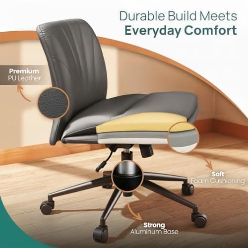NYPOT Armless Desk Chair with Wheels for Criss Cross Sitting - Cross Legged Wide Armless Chair - Adjustable Vanity 360° Swivel Stool and 120° Rocking Wide Seat Comfy for Home and Office, Color Grey