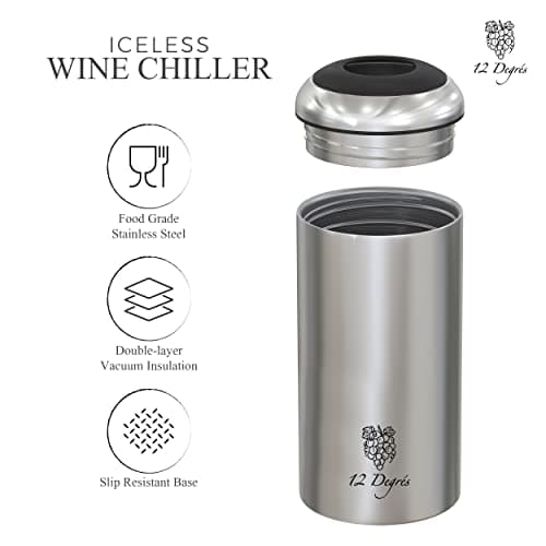 Wine Chiller Set - Perfect Wine Gifts for Women & Men - Stainless Steel Insulated Wine Cooler with Wine Pump, Aerator & 4 Stoppers (Silver)