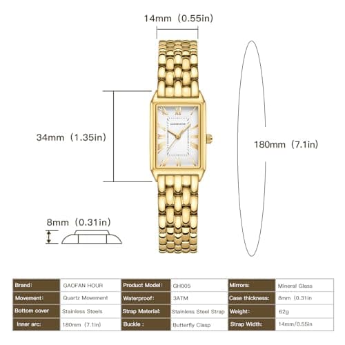 GAOFAN HOUR Gold Watches for Women with Vintage Rectangular Case,White Roman Dial,Stainless Steel Band,Adjustment Tool Included,Water Resistant