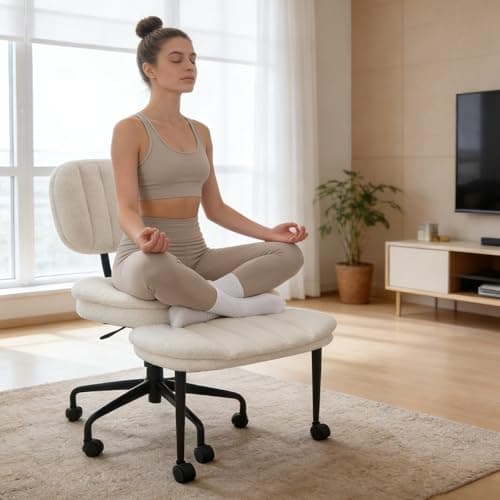 Criss Cross Chair with Footrest, 360° Swivel Faux Shearling Office Chair, Extra Wide Seat with Sofa-Like Comfort, Ergonomic Cross Legged Desk Chair for Cozy Reading, Meditation