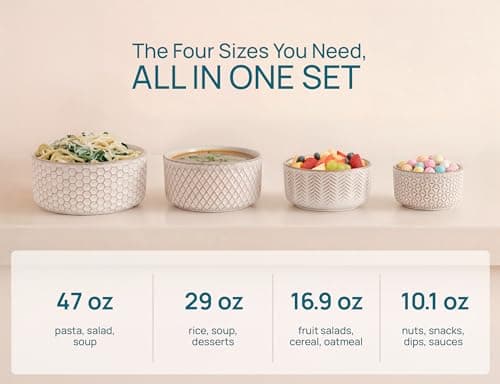 Narbonne Collection, Stackable, For Prep & Serving, 10/17/29/47 oz, Leak-Proof Lids, Steam Vent, Microwave & Dishwasher Safe KooK Ceramic Nesting Bowls with Lids, Embossed Stoneware, Set of 4, Ivory B0BJS6M86W