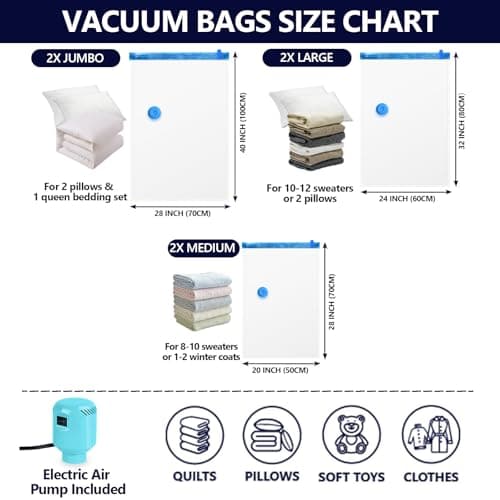 Vacuum Seal Bags for Clothing with Electric Pump, 6 Pack (2 Jumbo 2 Large 2 Medium Vacuum Storage Bags) Space Bags Vaccine Vacuum Sealed Storage Bags for Travel Luggage Blankets Bedding
