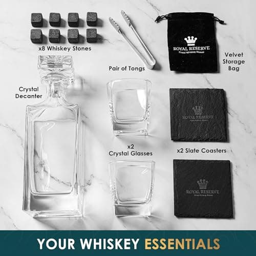Whiskey Decanter Gift Set by Royal Reserve – Liquor Bourbon Decanter 24 oz 750 ml with Glasses, Chilling Stones, Coasters and Tong – Whiskey Gifts for Men, Husband, Dad, Boyfriend