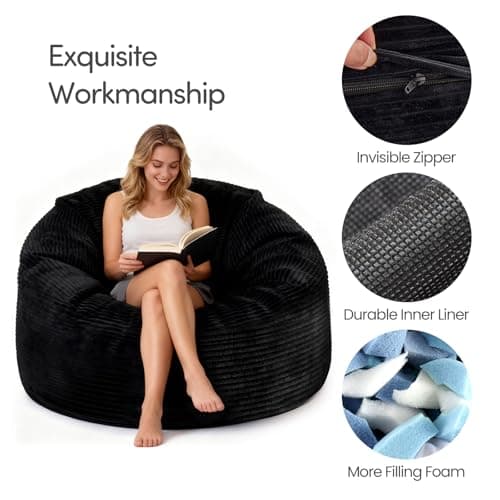 Bean Bag Chairs for Teens, 3FT Bean Bag with Memory Foam Filling, Bean Bag Chairs with Plush Microfiber Removable Cover, Cozy Sofa for Reading, Gaming- Black
