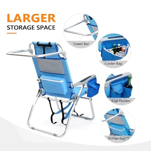 VINGLI Tall Beach Chair 2 Pack Lightweight, Backpack Beach Chair for Adults with 5-Position, Cooler Bag, Cup Holders, Towel Bar, Folding Beach Camping Chairs(16“-Blue)