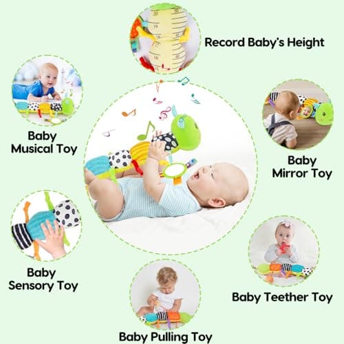 Baby Sensory Toy 0-6 Month Music Animal Stuffed Plush Caterpillar Toy for Infant 0-3-6-12 Month Old Tummy Time with Baby Mirror Crinkle Rattle Carseat Toys for Newborn Boys Girl Shower Gifts