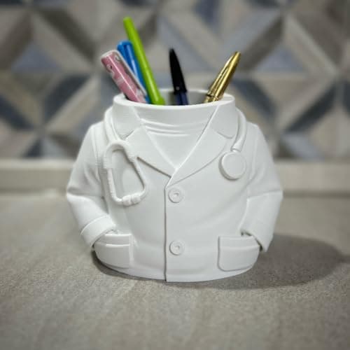 3D Printed Doctor Coat Pen Holder - Realistic Medical Desk Organizer with Stethoscope, White Doctor Sculpture Pen Cup for Office, Nurse, Medical Student Gift 5.9" x 3.5" x 4.3" (Male Doctor Style) B0GJZP6NRS