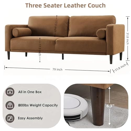 HIFIT Sofa Couches, 79” Mid-Century Modern Couch, Breathable Faux Leather Couch with Upholstered Cushions/Pillows, 3-Seat Sofas & Couches, for Living Room Apartment Office, Brown