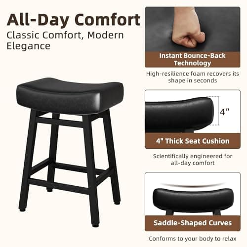 Counter Height Bar Stools Set of 2, 24 Inch Backless BarStools for Kitchen Island Leather Saddle Bar Chairs Kitchen Stools with 4" Thick Seats & Heavy Duty Metal Base, Black