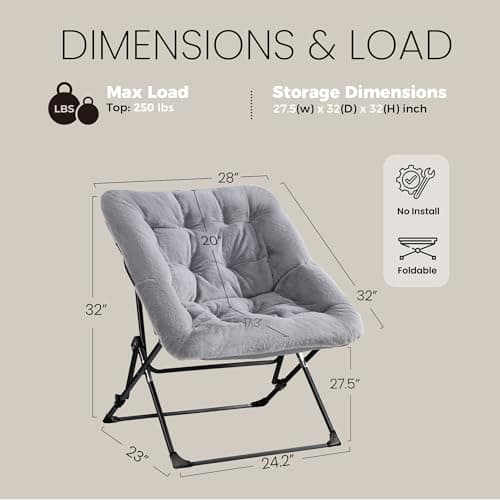 Oakham Comfy Chair for Adults, Soft Faux Fur Folding Lounge for Bedroom Living Room Dorm Rooms Flexible Reading Chair for Teens Kids, X-Large Foldable (Faux Fur-Grey)