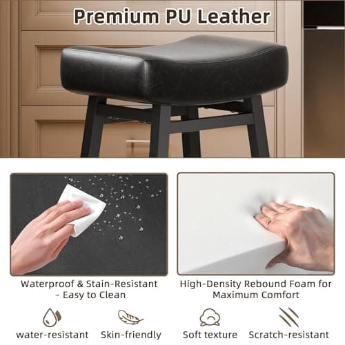Counter Height Bar Stools Set of 2, 24 Inch Backless BarStools for Kitchen Island Leather Saddle Bar Chairs Kitchen Stools with 4" Thick Seats & Heavy Duty Metal Base, Black
