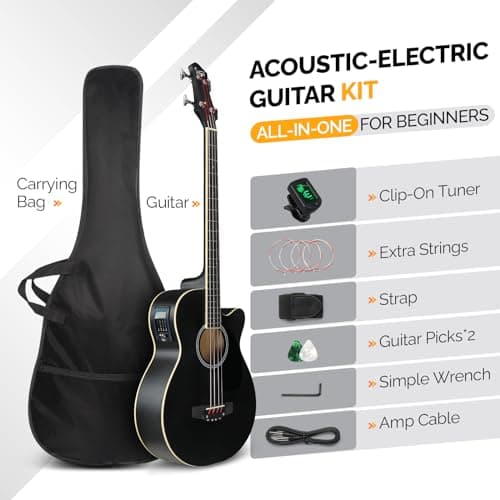GLARRY Full Size Acoustic Electric Bass Guitar Beginner Kit, Cutaway 4 Strings Electric Acoustic Bass Guitar w/Inbuilt Tuner, Bag, Strap, Picks, Strings, Basswood Bass Guitarra, Matte Black