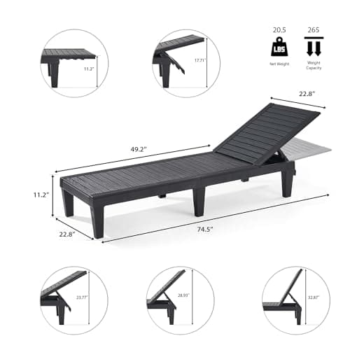 Nestl Patio Chairs - Black Chaise Lounge Chair Outdoor, 5-Position Adjustable Sun Tanning Chair, Waterproof Pool Lounge Chairs Set of 2, Reclining Lawn Chair, Lightweight Outdoor Lounge Chairs