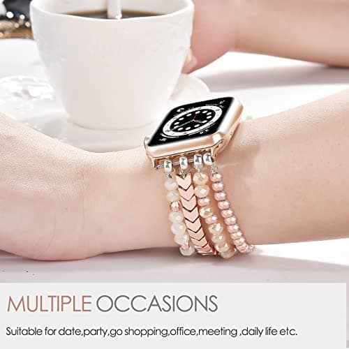 MOFREE Beaded Bracelet Compatible with Apple Watch Band 38mm/40mm/41mm/42mm, Fashion Elastic Stretch Women Bands for iWatch Series 11/10/9/8/7/SE/6/5/4/3/2/1 iPhone Watch Strap Bands Rose Gold