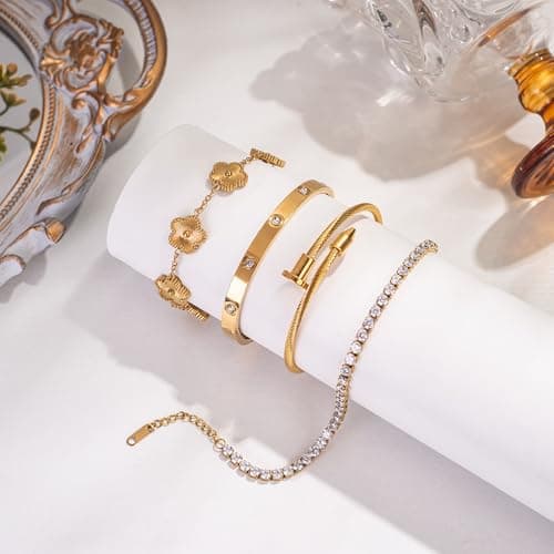 18K Gold Plated Bangle Bracelet Set for Women Stackable Lucky Floral Adjustable Tennis Bracelet Non Tarnish Gift Jewelry for Christmas Valentines Birthday Mother's Day B0FH8ZYLJL