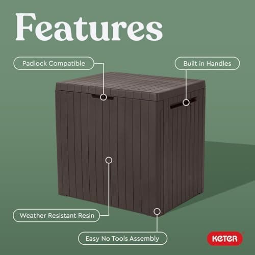 Keter City 30 Gallon Resin Outdoor Storage Box and Patio Furniture Side Table for Pool and Garden Accessories, Brown