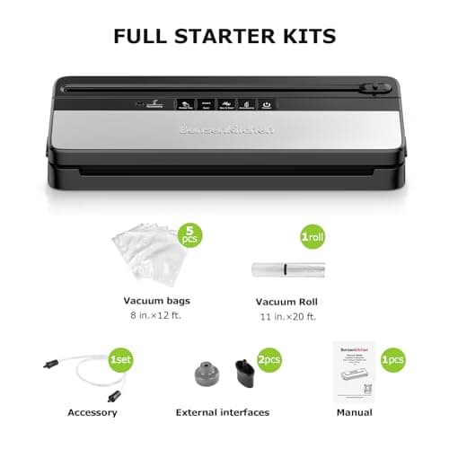 Bonsenkitchen Vacuum Sealer, Multi-Functional Food Sealer with 1 Roll Bag+ 5 Bags, Bag Storage | Built-in Cutter, Silver-Stainless steel