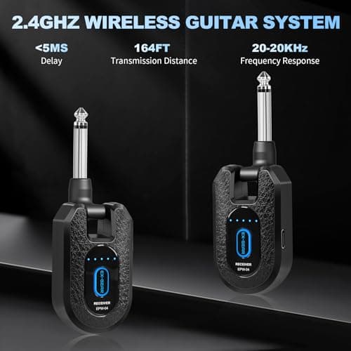 EX GEAR High-Grade Wireless Guitar System 2.4GHz Wireless Guitar Transmitter Receiver Rechargeable, 4 Signal Channel, 235° Rotating Plug, 50m Range for Bass Guitar Electric Instruments
