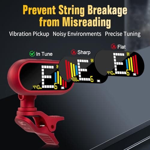 EX Professional Rechargeable Chromatic Clip-On Guitar Tuner — Fast, Ultra-Accurate Clip-On Tuner with Color LCD for Acoustic Guitar, Bass Guitar, Ukulele & Violin, Red