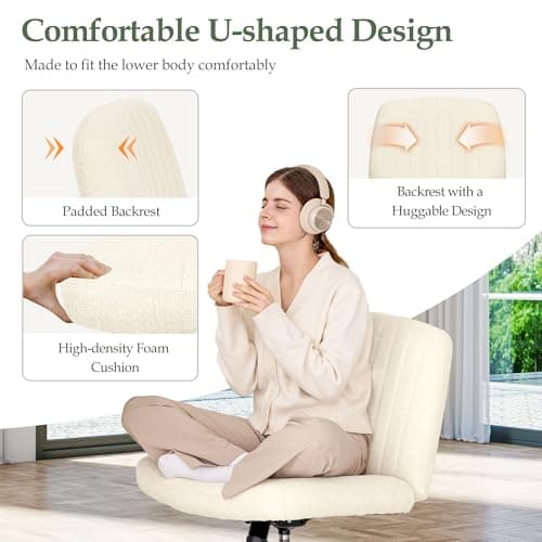 Orange Factory Criss Cross Chair Wheels Wide Cross Legged Office Desk Vanity Dual Base Comfy Fabric Armless Adjustable Swivel for Home Computer Task (Beige Dual Base, Fabric)