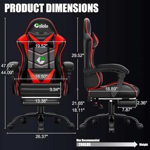Czlolo Gaming Chair with Footrest Racing Style Lumbar Support Massager Video Game Chair with Metal Legs, High Back Reclining Gamer Chair with Headrest, 360° Swivel Office Computer Desk Chair (Red)