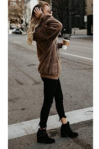 ReachMe Womens Oversized Sherpa Pullover Hoodie with Pockets Fuzzy Fleece Sweatshirt Plaid Fluffy Jacket Coat