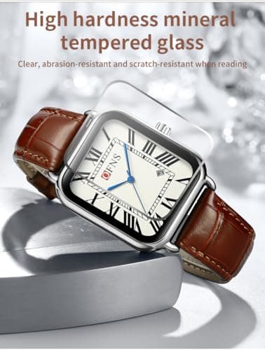 CARLIEN Mens Vintage Dainty Rectangle Square Leather Strap Simple Full Roman Numerals Dial Quartz Watch Gold Silver Tone Case Business Fashion Dress Wristwatch