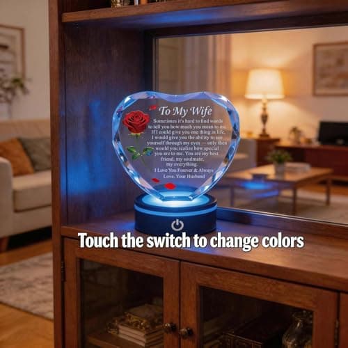 Wedding Anniversary Birthday Christmas Valentine's Day Gift from Husband, To My Wife, K9 Crystal, Color Changing LED Romantic Gifts for Wife Crystal Heart Rose Keepsake LED Base B0GV7TXQF4