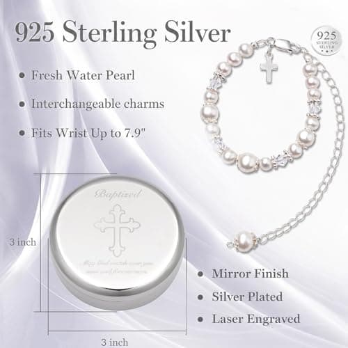 Baptism Bracelet in Sterling Silver and Cultured Pearls for Baby Girls, with Silver-plated Jewelry Keepsake Box, Great Catholic Christening and Baptism Gifts for Girl