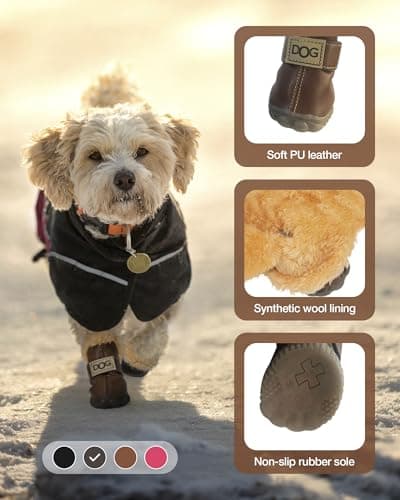 Winter Dog Boots & Paw Protectors: Outdoor Anti-Slip Dog Snow Shoes, Dog Booties Provide Warmth to Dogs Paws from Ice and Snow, Rubber Sole PU Leather Faux Fleece-Lined, Dark Brown Dog Shoes Size 7