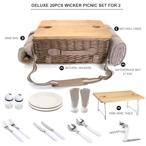 Multifunctional Wicker Picnic Basket Set for 2 with Blanket and Picnic Table, Insulated Picnic Set with Full Tablewares for Camping Outdoor Couples, Flowers B0D4Q11DMV