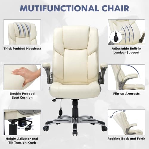 COLAMY High Back Executive Office Chair- Ergonomic Home Computer Desk Leather Chair with Padded Flip-up Arms, Adjustable Tilt Lock, Swivel Rolling Chair for Adult Working Study-Ivory