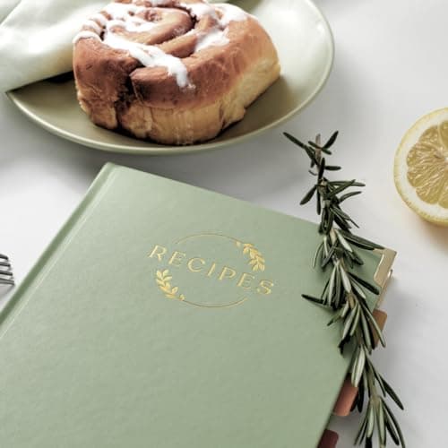Blank Recipe Notebook | Small Blank Recipe Book to Write in Your Own Recipes | Artisan Hardcover Journal for 60 Recipes | 8.4” x 6” Leather Sage Green & Gold Hardcover | Tabs, Stickers, Pocket & Bookmarks B0D9KZP8TG