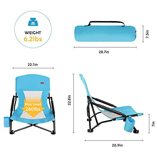 TOBTOS Low Beach Chair for Adults 2 Pack, Low Profile Folding with Cup Holder & Carry Bag, Heavy Duty Chair for Outdoor Sand, Camping, Concert, Travel