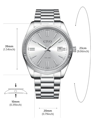 CIVO Analog Mens Watches Silver: Wrist Watches with Date Easy to Read - Dress Stainless Steel Watch for Men Gifts for Husband Father at Birthday Anniversary