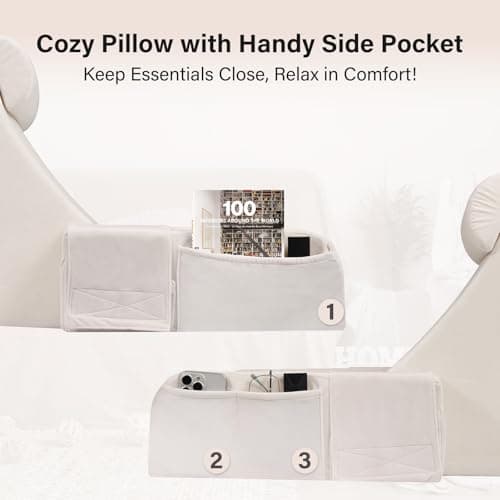 ENITYA 19" Back Pillow for Bed Sitting up, Big Pockets and Washable Removable Cover, Reading Chair for Watching TV/Reading/Gaming/Resting in Bed, Couch or Floor, Medium(Ivory)