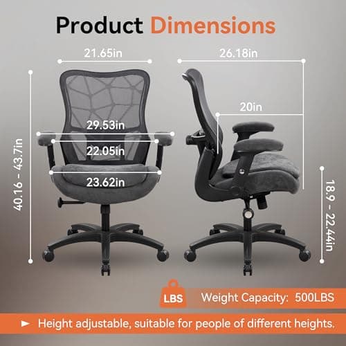 Office Chair 500lbs Big and Tall Ergonomic Mesh Desk Chair Heavy Duty with 24" Extra Wide Seat Adjustable Lumbar Support & Flip-Up Arms for Large Body Types (Dark Gray)