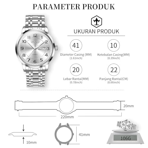 Taxau Watches for Men Stainless Steel Waterproof Two Tone Luxury Casual Silver Wrist Watch Quartz Analog Business Big Face Classic Dress Mens Watches with Day Date