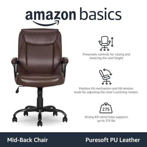 Amazon Basics Classic Puresoft PU Padded Mid-Back Office Chair with Armrest, Height Adjustable, Wheels, 25.75"D x 24.25"W x 42.25"H, Brown