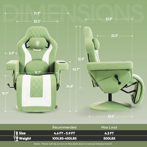 Dowinx Racing Style Gaming Recliner Chair with Massage Lumbar Support, Footrest, Cup Holder, Side Pouch, High Back Ergonomic Video Game Chair Reclining No Wheels Heavy Duty, Fabric Green