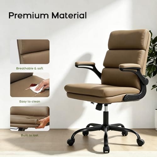 Office Chair Adjustable Desk Chair Mid Back Executive Comfortable Bonded Leather Ergonomic Back Support Home Computer Chairs with Padded Flip-up Armrest Swivel Wheels (Tan)