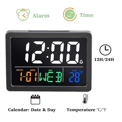 WQV Digital Alarm Clock, 5.5" Large LED Alarm Clock for Bedrooms, Table Desk Clock, with Calendar Date Day Temperature Snooze, Adjustable Alarm Volume & Brightness, Gift for Students Elderly