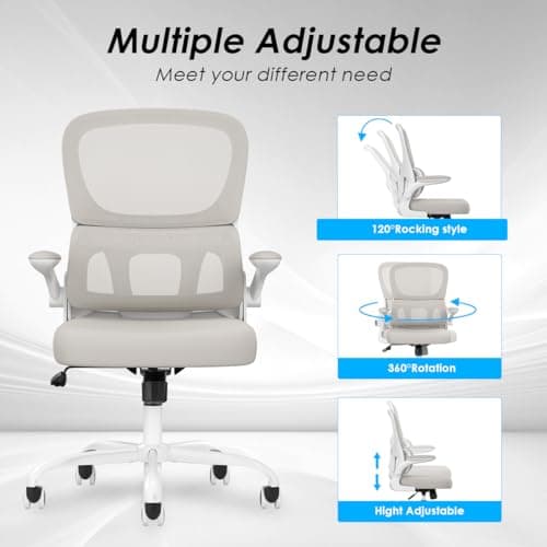 Soohow Office Chair, Mesh Ergonomic Office Chair with Lumbar Support, Comfy Computer Desk Chair with Flip Armrest Rolling Wheels for Home Study Room Office, White & Khaki