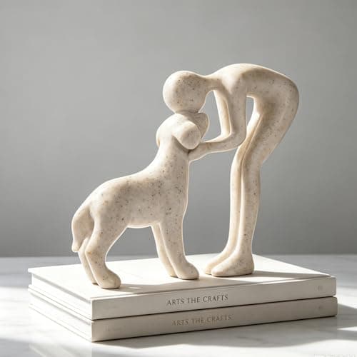 abstract sculpture celebrating the bond between person and pet. Intimate head-to-head Touching memory keepsake for dog lovers Abstract Person and Dog Head-to-Head Figurine Sandstone B0D9JVYT9V