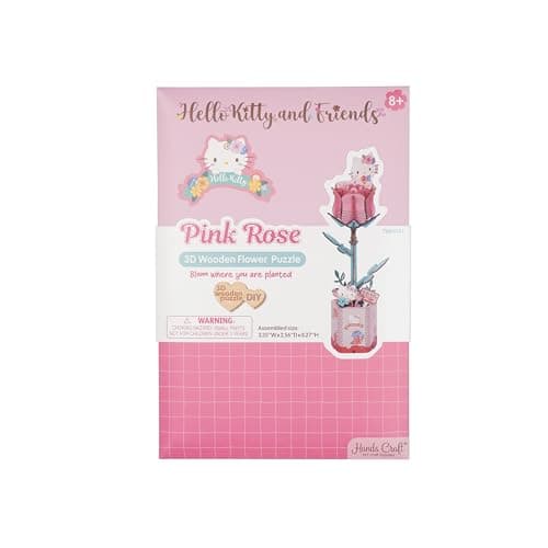 Hands Craft Hello Kitty and Friends Pink Rose 3D Wooden Puzzle Kit | DIY Flower Model | Arts & Crafts for Adults & Kids | Creative Hobby Kits | Hello Kitty Collectible | Wood Building Set