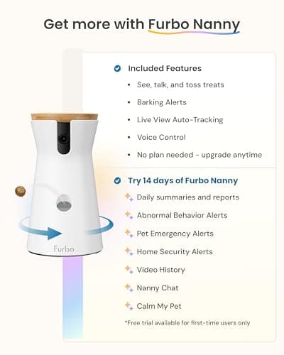 Furbo 360° Dog Camera: Pet Security Cam w/Barking Alerts, Rotating View, Treat Toss w/Phone App, Smart Home Puppy Monitoring, 2-Way Speaker, No Subscription Needed. Standard See, Talk, & Toss Features
