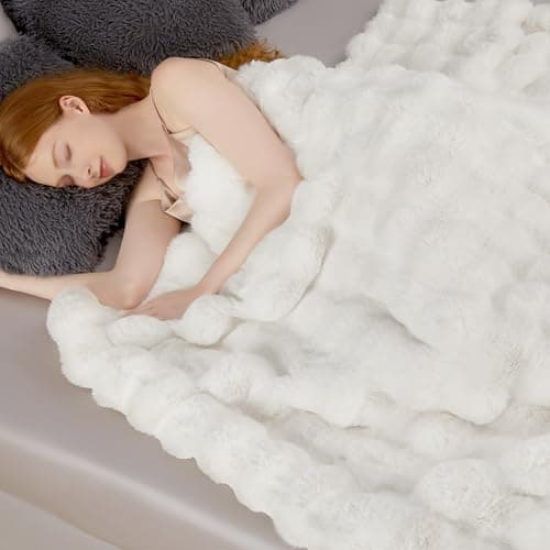 Touchat Luxury 1000GSM Faux Rabbit Fur Throw Blanket, Super Heavy Warm Cozy Blankets for Couch Bed Sofa, Bubble Plush Fuzzy Elegant Soft Reversible Mink Blanket for Living Room Bedroom, Cream White