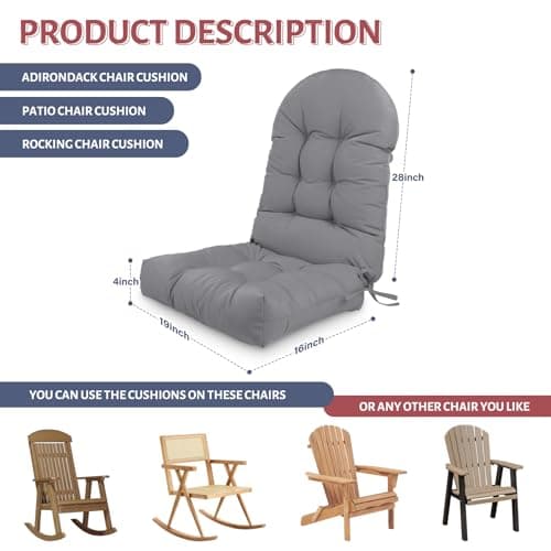 Adirondack Chair Cushion,Outdoor Waterproof Rocking Chair Cushion 44x19x4in Gray Non-Slip High Back Patio Chair Cushions, Comfortable Weather Resistance Seat Pad